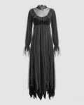 Women's gray layered tulle ghost Halloween costume dress with ruffled high neck and jagged hem - view 4
