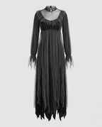 Women's gray layered tulle ghost Halloween costume dress with ruffled high neck and jagged hem - view 4