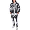 Black hooded onesie with white skeleton print and skull hood