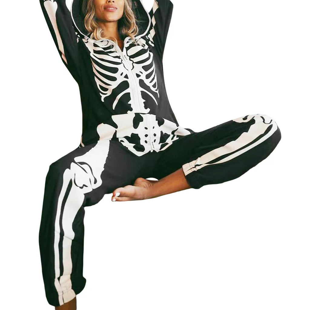Black hooded onesie with white skeleton print and skull hood - view 2