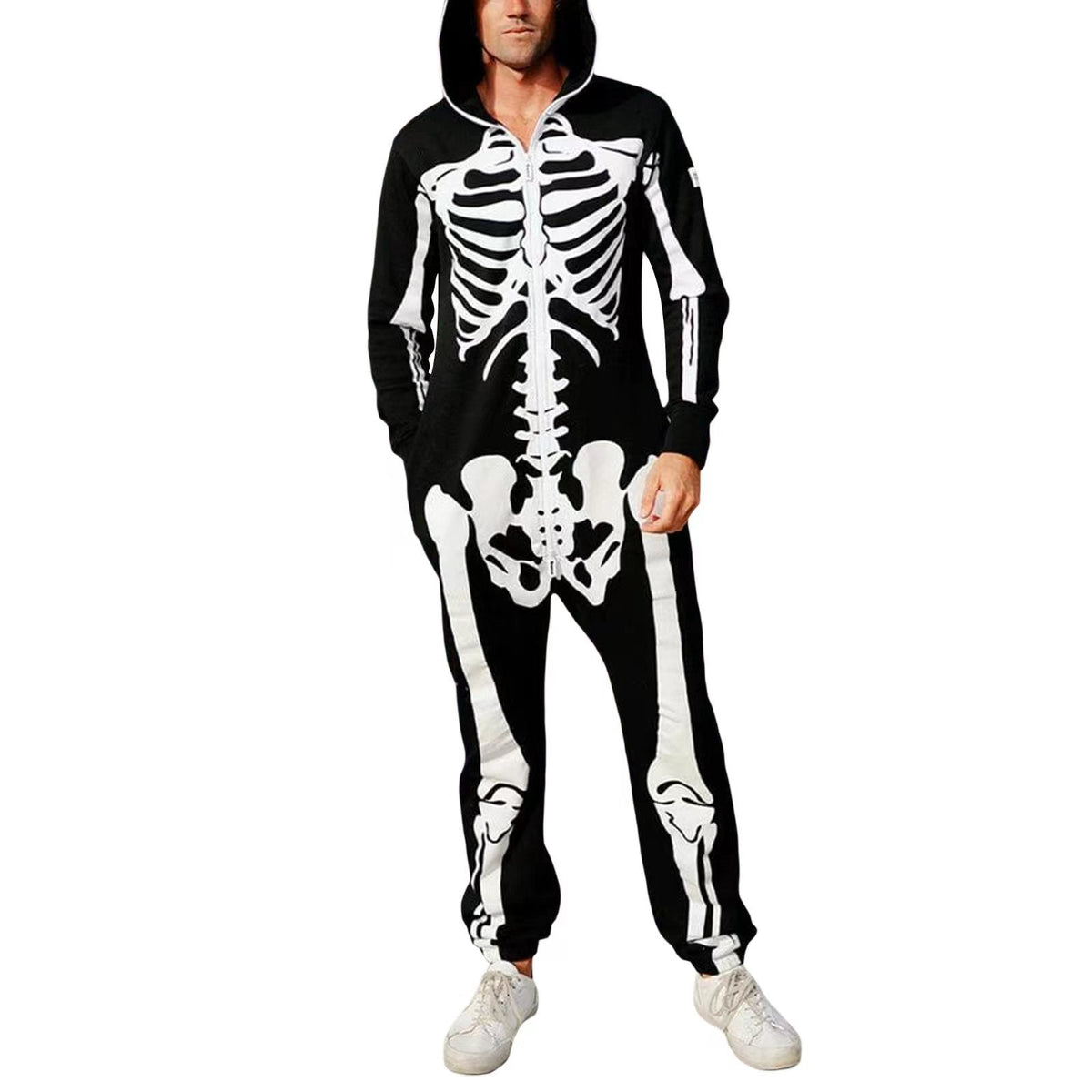 Black hooded onesie with white skeleton print and skull hood - view 3