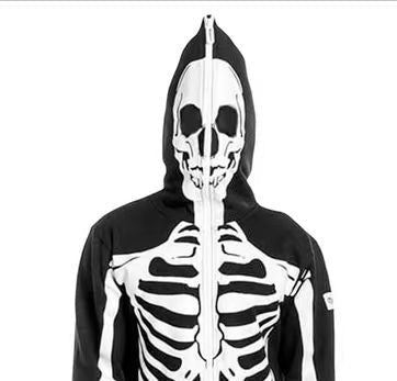 Black hooded onesie with white skeleton print and skull hood - view 4