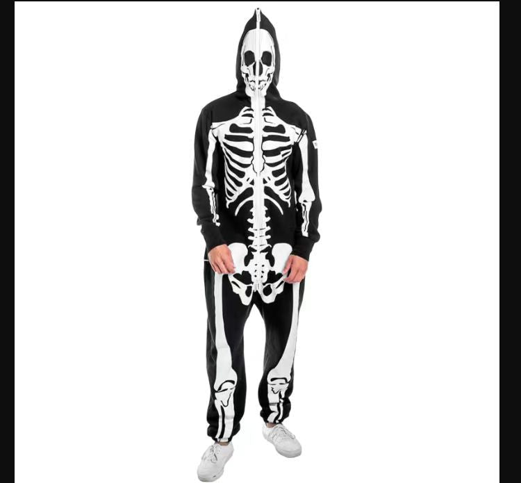 Black hooded onesie with white skeleton print and skull hood - view 5