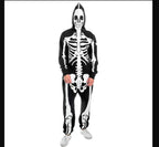 Black hooded onesie with white skeleton print and skull hood - view 5
