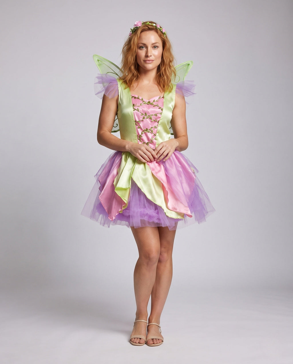 Women's pastel fairy costume dress with pink satin bodice, leaf vine trim and lavender tulle petal skirt