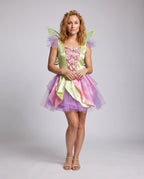 Women's pastel fairy costume dress with pink satin bodice, leaf vine trim and lavender tulle petal skirt