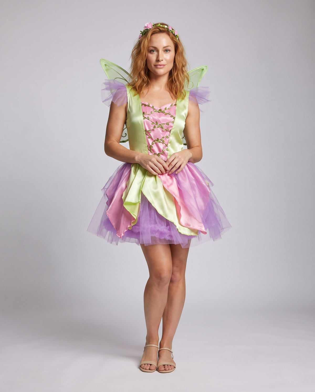 Women's pastel fairy costume dress with pink satin bodice, leaf vine trim and lavender tulle petal skirt