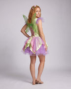 Women's pastel fairy costume dress with pink satin bodice, leaf vine trim and lavender tulle petal skirt - view 3