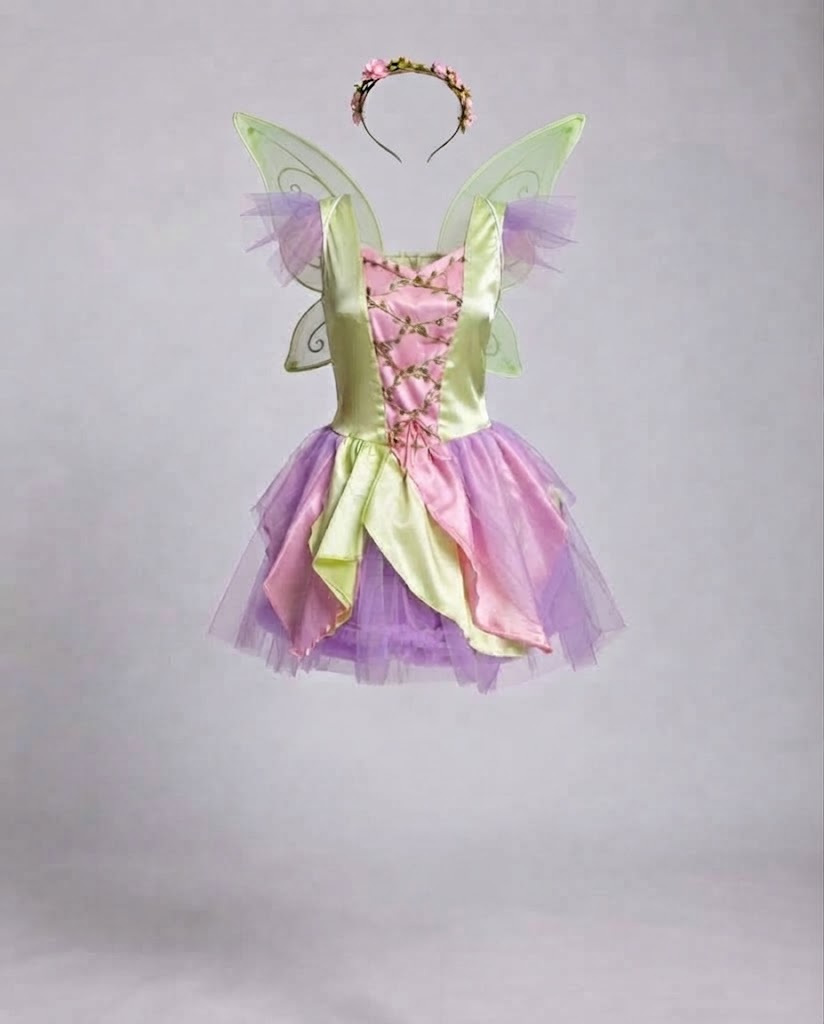 Women's pastel fairy costume dress with pink satin bodice, leaf vine trim and lavender tulle petal skirt - view 4