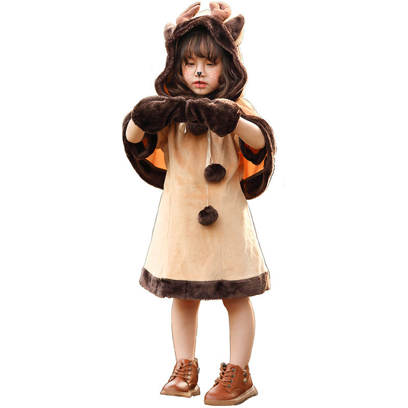 Girl wearing a deer Halloween costume with antler hood cape, faux fur trimmed dress and mittens - view 2