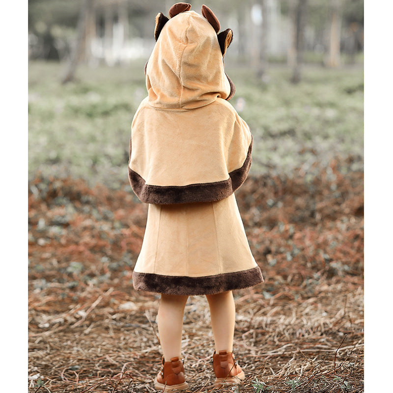 Girl wearing a deer Halloween costume with antler hood cape, faux fur trimmed dress and mittens - view 4