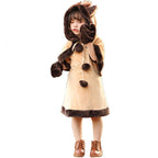 Girl wearing a deer Halloween costume with antler hood cape, faux fur trimmed dress and mittens - view 6