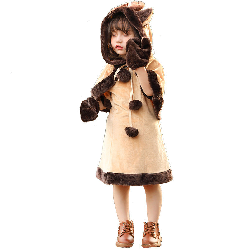 Girl wearing a deer Halloween costume with antler hood cape, faux fur trimmed dress and mittens - view 6