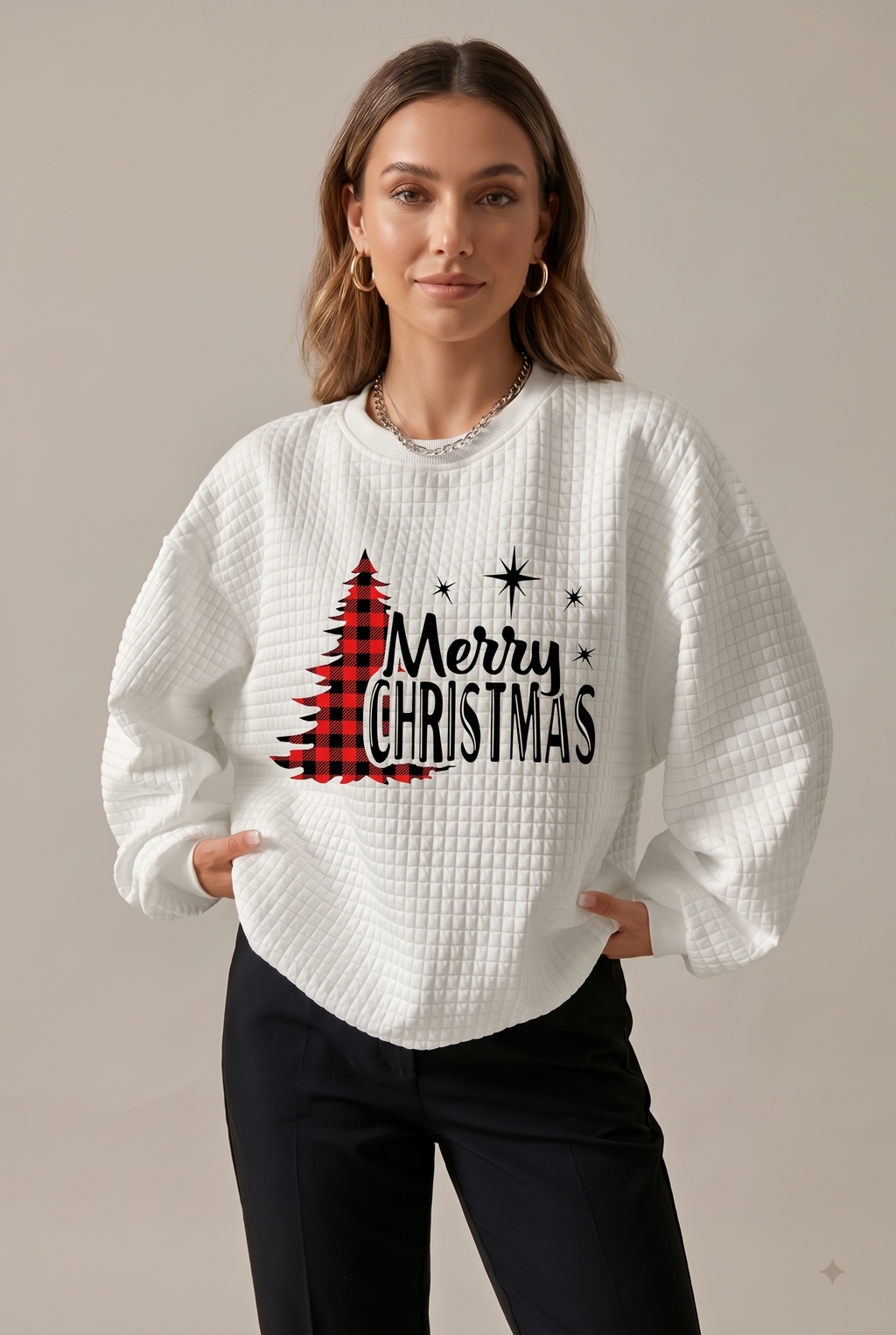 Holly christmas tree print crew neck sweatshirt - front view