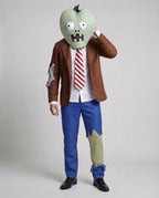 Men's zombie Halloween costume with plush green headpiece, brown jacket, striped tie and torn blue pants