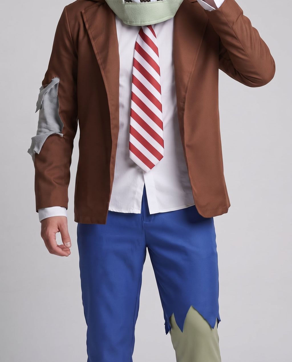 Men's zombie Halloween costume with plush green headpiece, brown jacket, striped tie and torn blue pants - view 2
