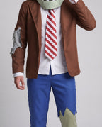 Men's zombie Halloween costume with plush green headpiece, brown jacket, striped tie and torn blue pants - view 2