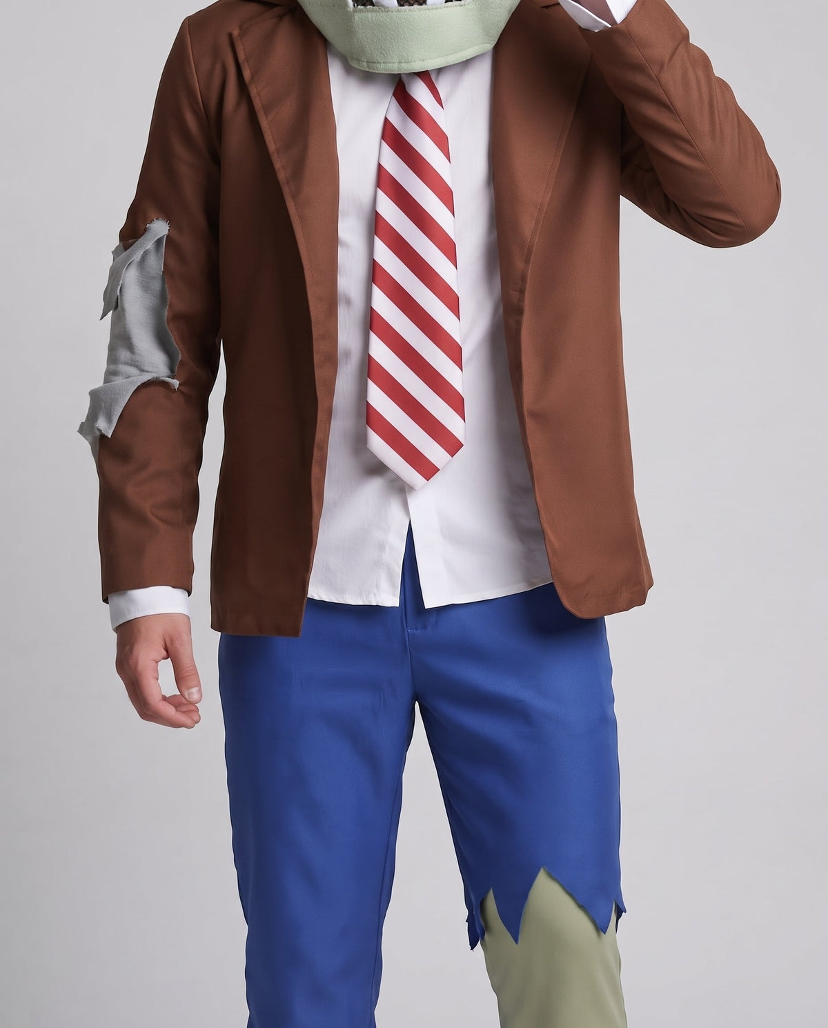 Men's zombie Halloween costume with plush green headpiece, brown jacket, striped tie and torn blue pants - view 2