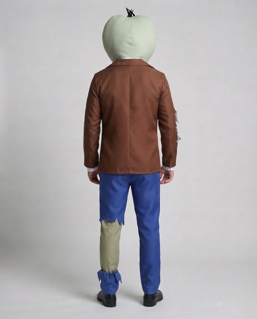 Men's zombie Halloween costume with plush green headpiece, brown jacket, striped tie and torn blue pants - view 3