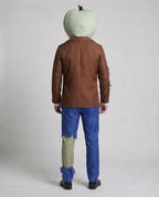 Men's zombie Halloween costume with plush green headpiece, brown jacket, striped tie and torn blue pants - view 3