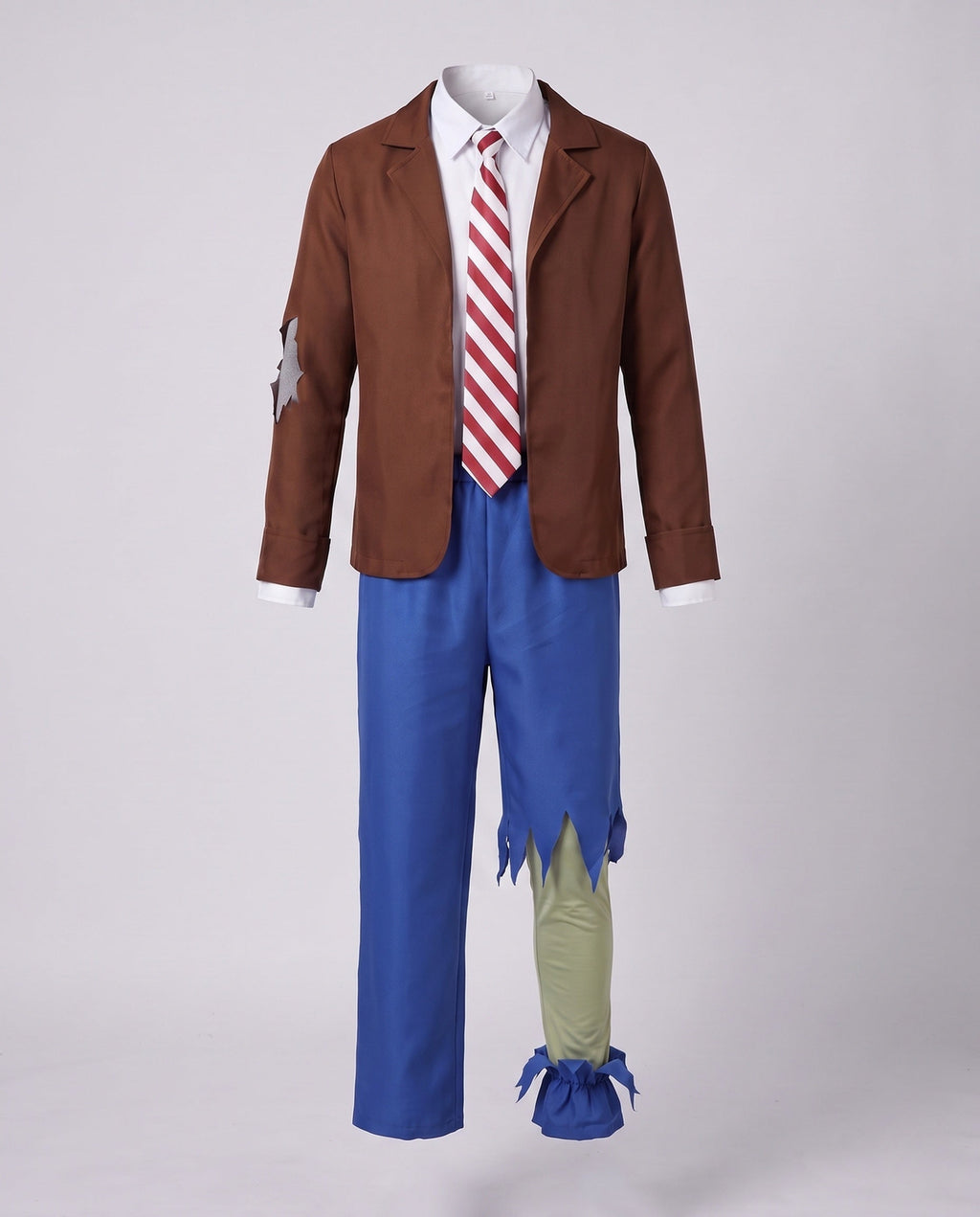 Men's zombie Halloween costume with plush green headpiece, brown jacket, striped tie and torn blue pants - view 4