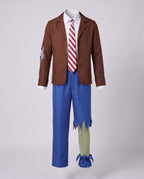 Men's zombie Halloween costume with plush green headpiece, brown jacket, striped tie and torn blue pants - view 4