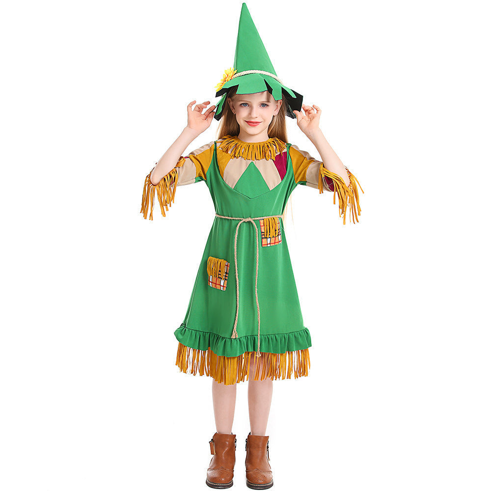 Girls green scarecrow Halloween costume dress with fringe trim, patchwork sleeves and pointed sunflower hat