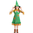 Girls green scarecrow Halloween costume dress with fringe trim, patchwork sleeves and pointed sunflower hat