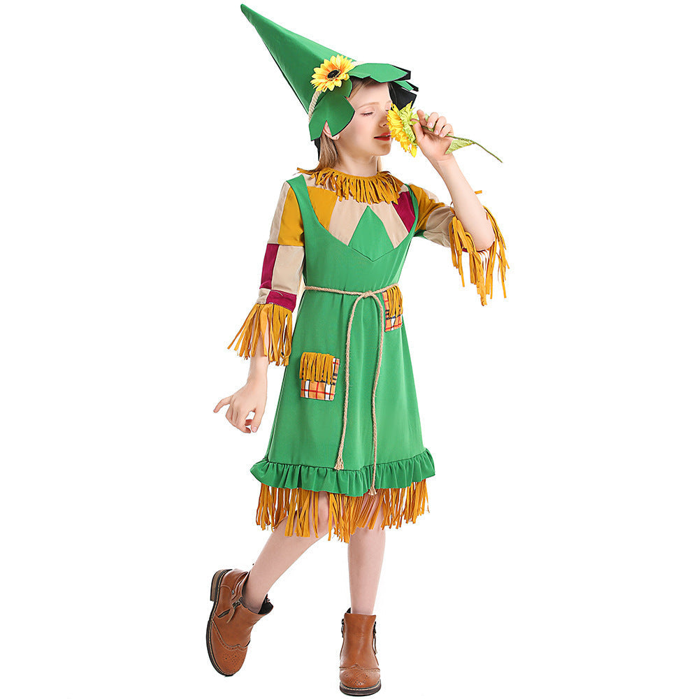Girls green scarecrow Halloween costume dress with fringe trim, patchwork sleeves and pointed sunflower hat - view 2