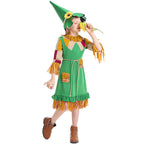 Girls green scarecrow Halloween costume dress with fringe trim, patchwork sleeves and pointed sunflower hat - view 2