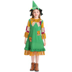 Girls green scarecrow Halloween costume dress with fringe trim, patchwork sleeves and pointed sunflower hat - view 3