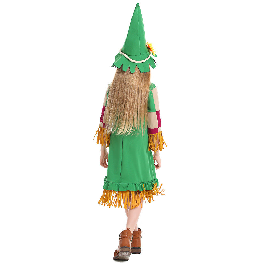 Girls green scarecrow Halloween costume dress with fringe trim, patchwork sleeves and pointed sunflower hat - view 4