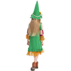Girls green scarecrow Halloween costume dress with fringe trim, patchwork sleeves and pointed sunflower hat - view 4