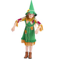 Girls green scarecrow Halloween costume dress with fringe trim, patchwork sleeves and pointed sunflower hat - view 6