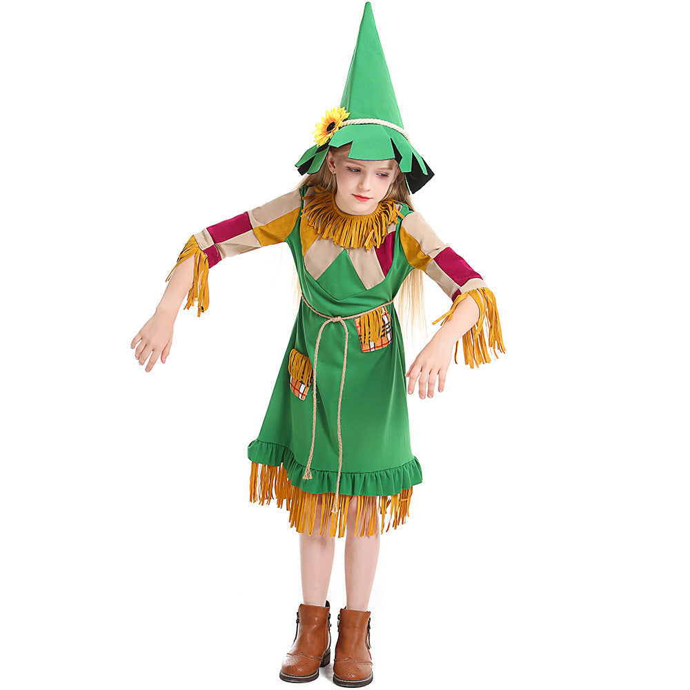 Girls green scarecrow Halloween costume dress with fringe trim, patchwork sleeves and pointed sunflower hat - view 6