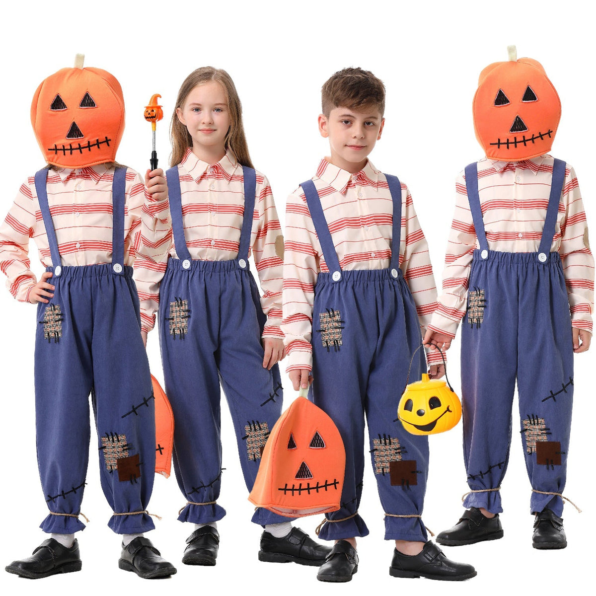 Kids scarecrow pumpkin Halloween costume with striped shirt, patched blue suspender pants and orange pumpkin headpiece