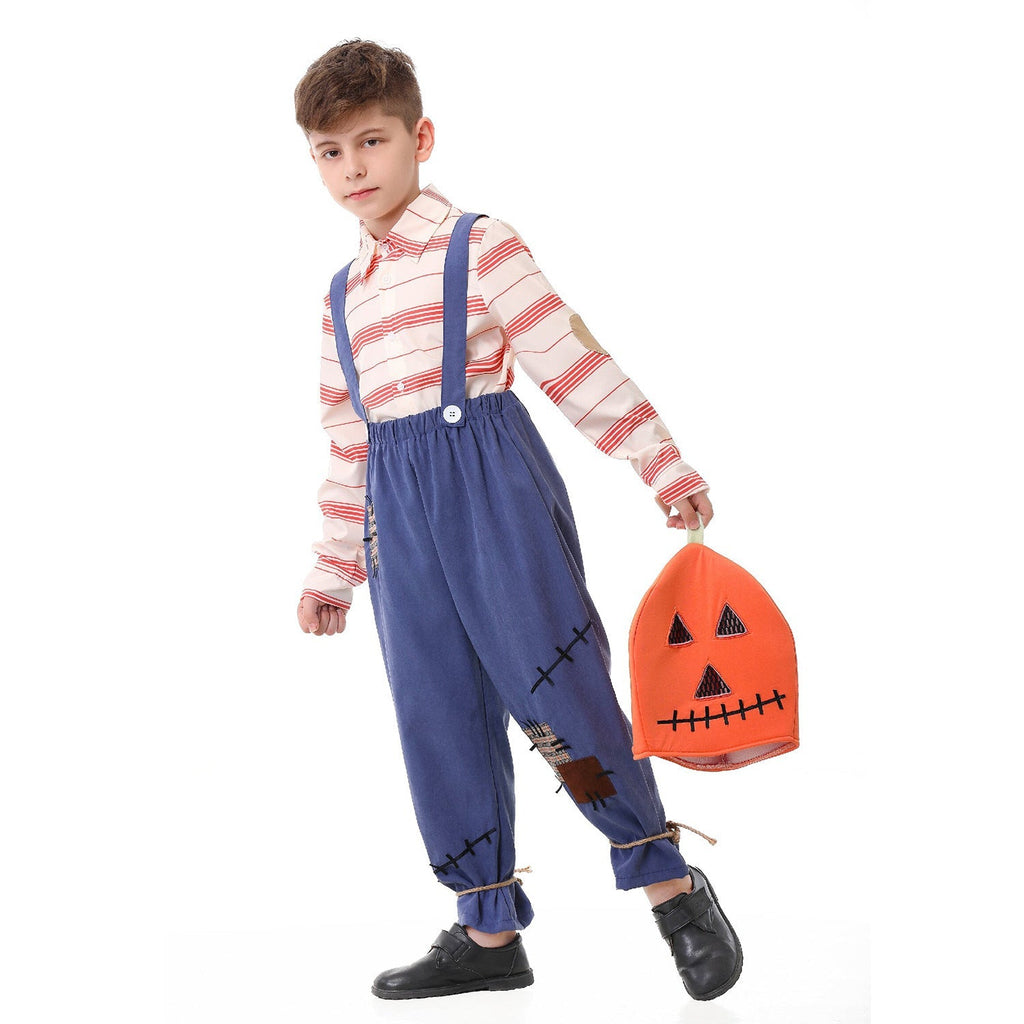 Kids scarecrow pumpkin Halloween costume with striped shirt, patched blue suspender pants and orange pumpkin headpiece - view 3