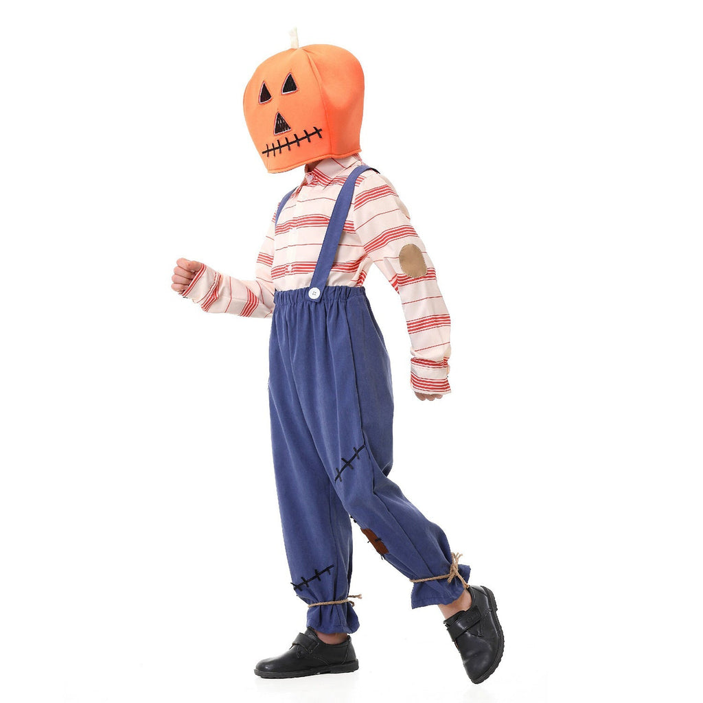 Kids scarecrow pumpkin Halloween costume with striped shirt, patched blue suspender pants and orange pumpkin headpiece - view 4
