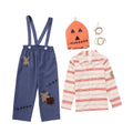 Kids scarecrow pumpkin Halloween costume with striped shirt, patched blue suspender pants and orange pumpkin headpiece - view 5