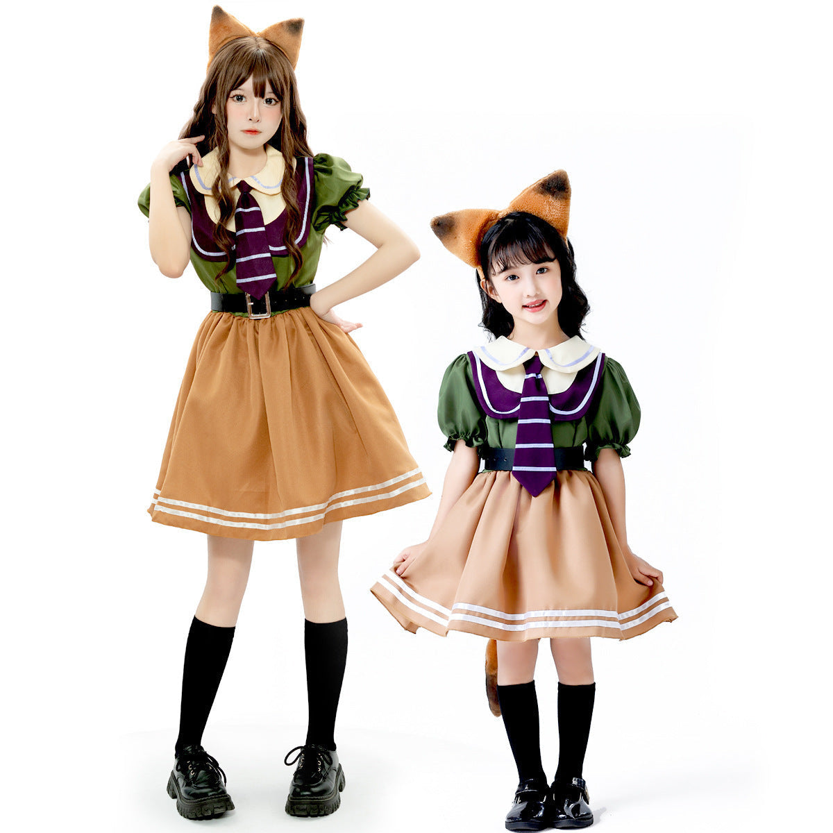 Fox Halloween costume dress with green puff sleeves, striped purple tie, caramel skirt and fox ear headband