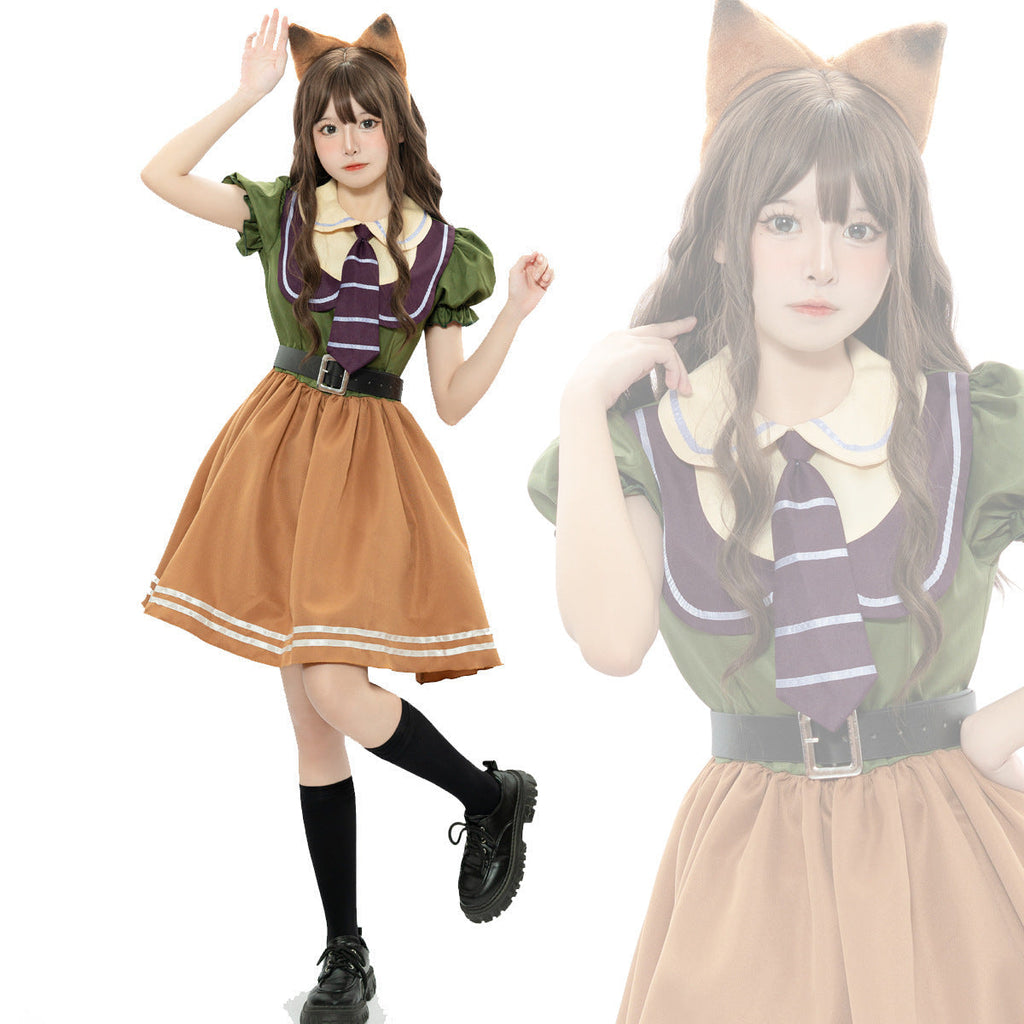 Fox Halloween costume dress with green puff sleeves, striped purple tie, caramel skirt and fox ear headband - view 2