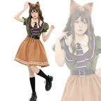 Fox Halloween costume dress with green puff sleeves, striped purple tie, caramel skirt and fox ear headband - view 2
