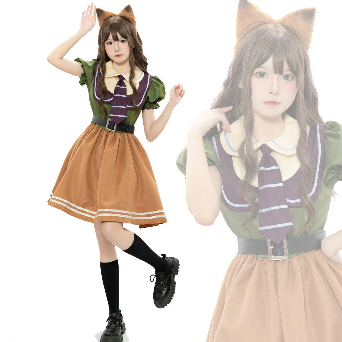 Fox Halloween costume dress with green puff sleeves, striped purple tie, caramel skirt and fox ear headband - view 2