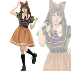 Fox Halloween costume dress with green puff sleeves, striped purple tie, caramel skirt and fox ear headband - view 3