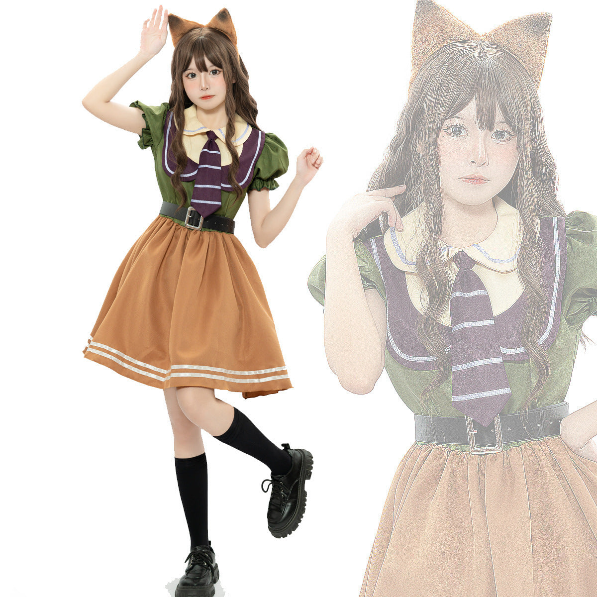 Fox Halloween costume dress with green puff sleeves, striped purple tie, caramel skirt and fox ear headband - view 3