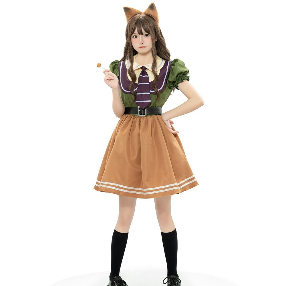 Fox Halloween costume dress with green puff sleeves, striped purple tie, caramel skirt and fox ear headband - view 4