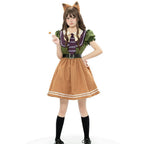 Fox Halloween costume dress with green puff sleeves, striped purple tie, caramel skirt and fox ear headband - view 4