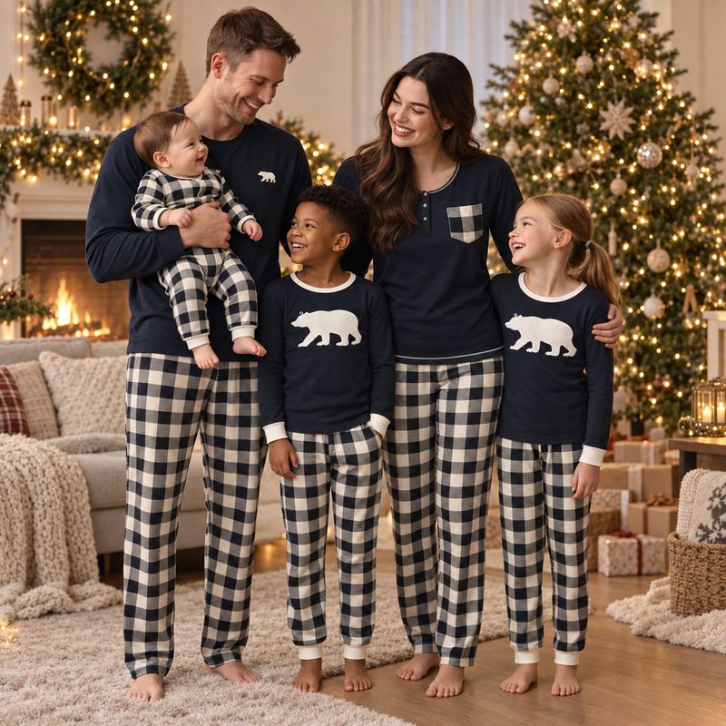 Matching Christmas pajamas with polar bear print tops and black and cream plaid pants