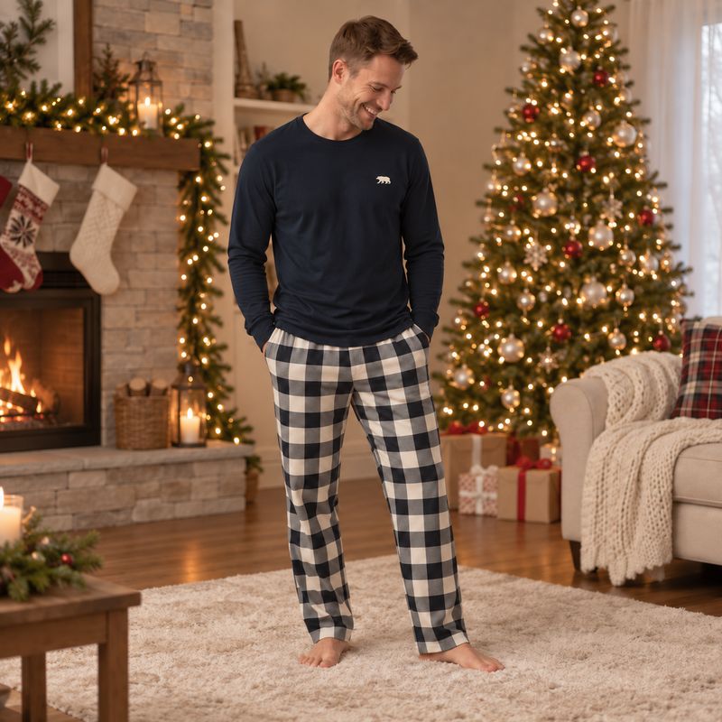 Matching Christmas pajamas with polar bear print tops and black and cream plaid pants - view 2