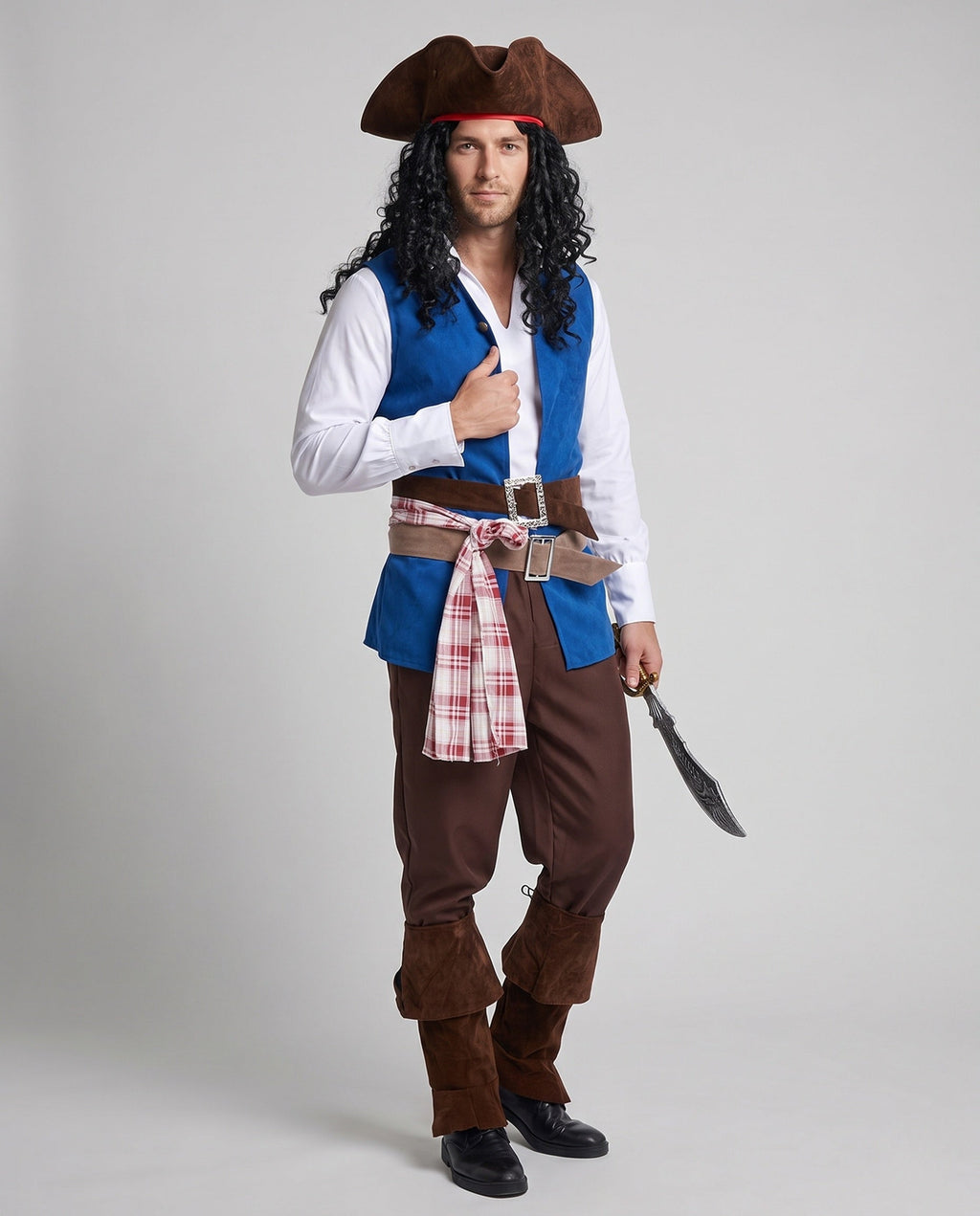 Men's pirate costume with blue vest, white shirt, brown pants, belts and plaid sash